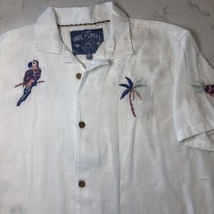 Free Planet Cotton Camp Shirt Embroidery Parrot Palm Tree Vacation Margarita MED